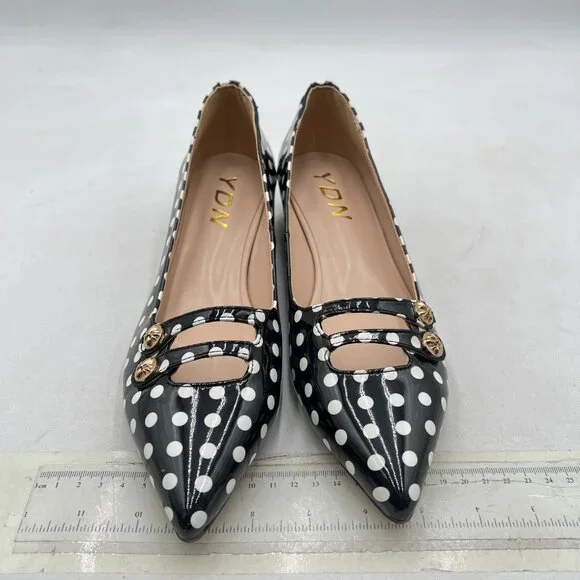 YDN Black Polka Dot Hidden Low Heels Pumps Pointed Toe Slip on Straps Shoes - Picture 3 of 8